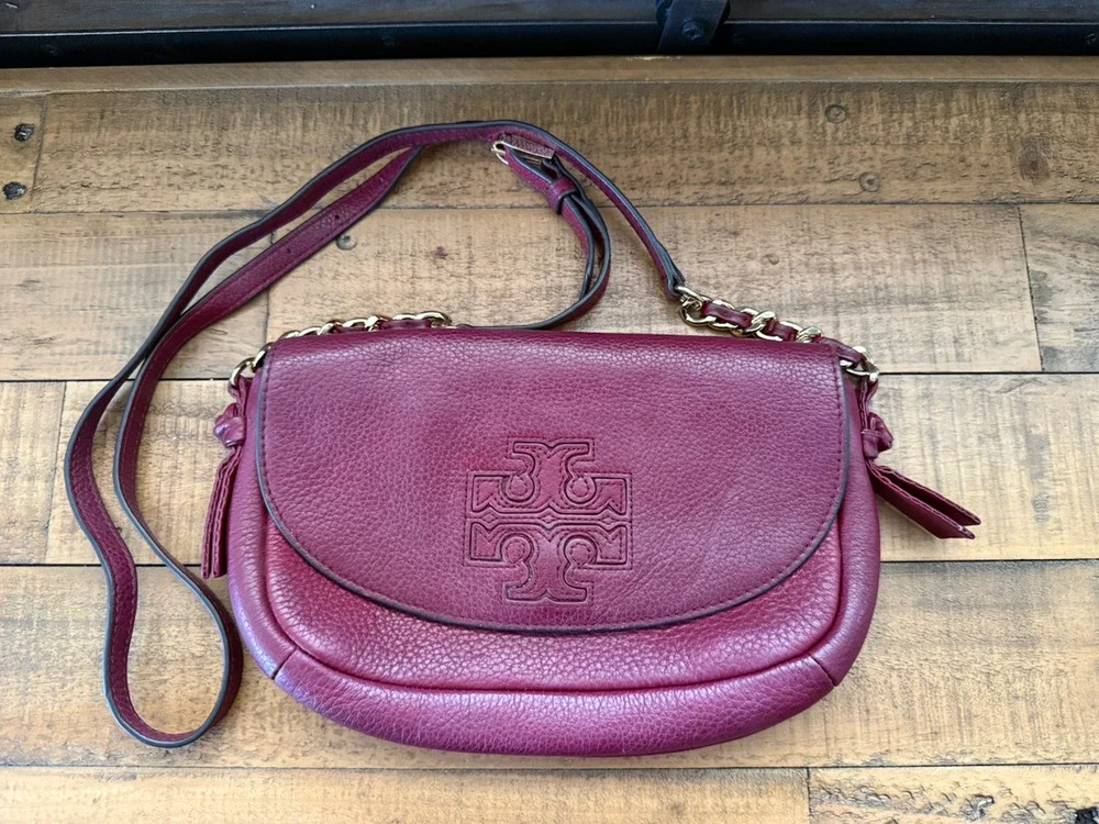 Tory Burch Crossbody Bag Womens Small Burgundy Pebbled Leather Tassel Logo